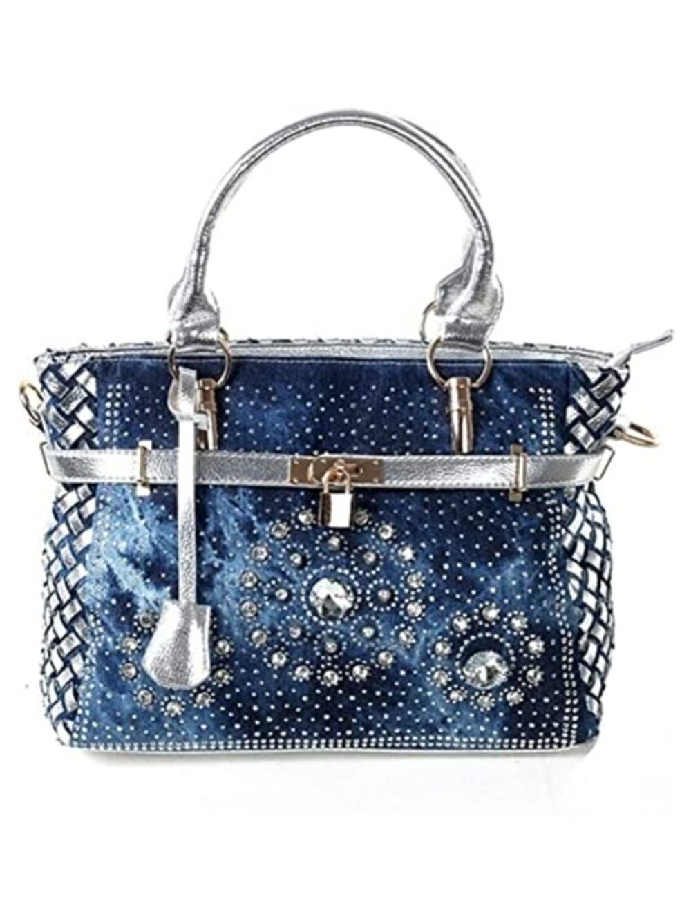 Washed Soft Denim Women Handbag Large Capacity Jean Tote Bag Crystal Diamond